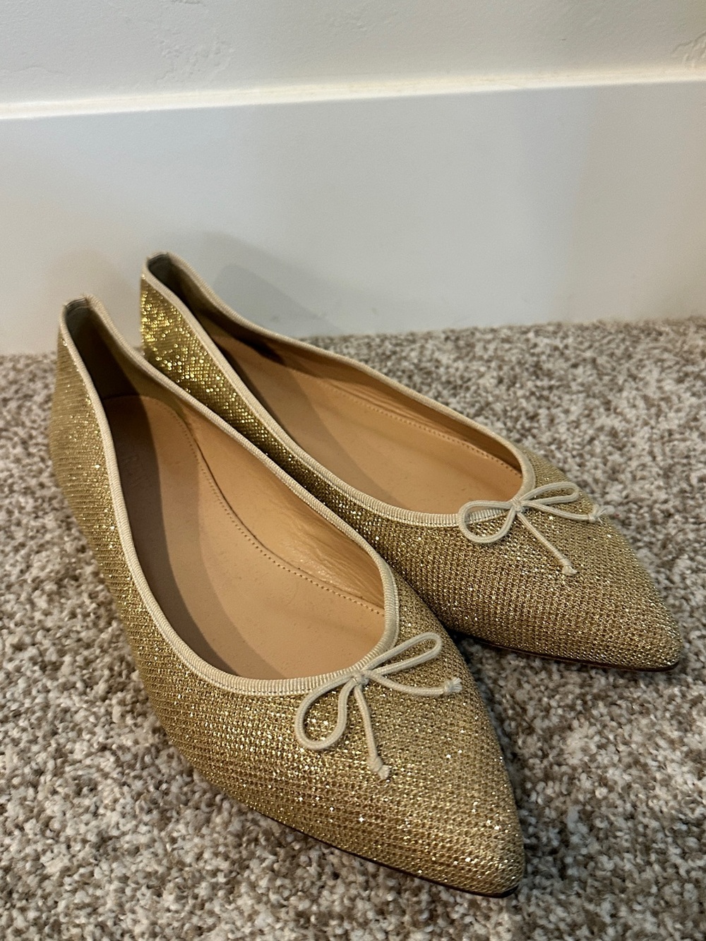 J.Crew Gold Metallic Glitter Pointed Toe Ballet Flats Leather Sole Size 10